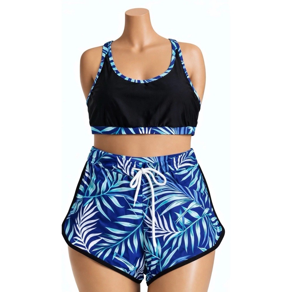 Wenly Zeng Bikini Set Swimsuit Womens Small Blue Black Tropical Print‎ Stretch